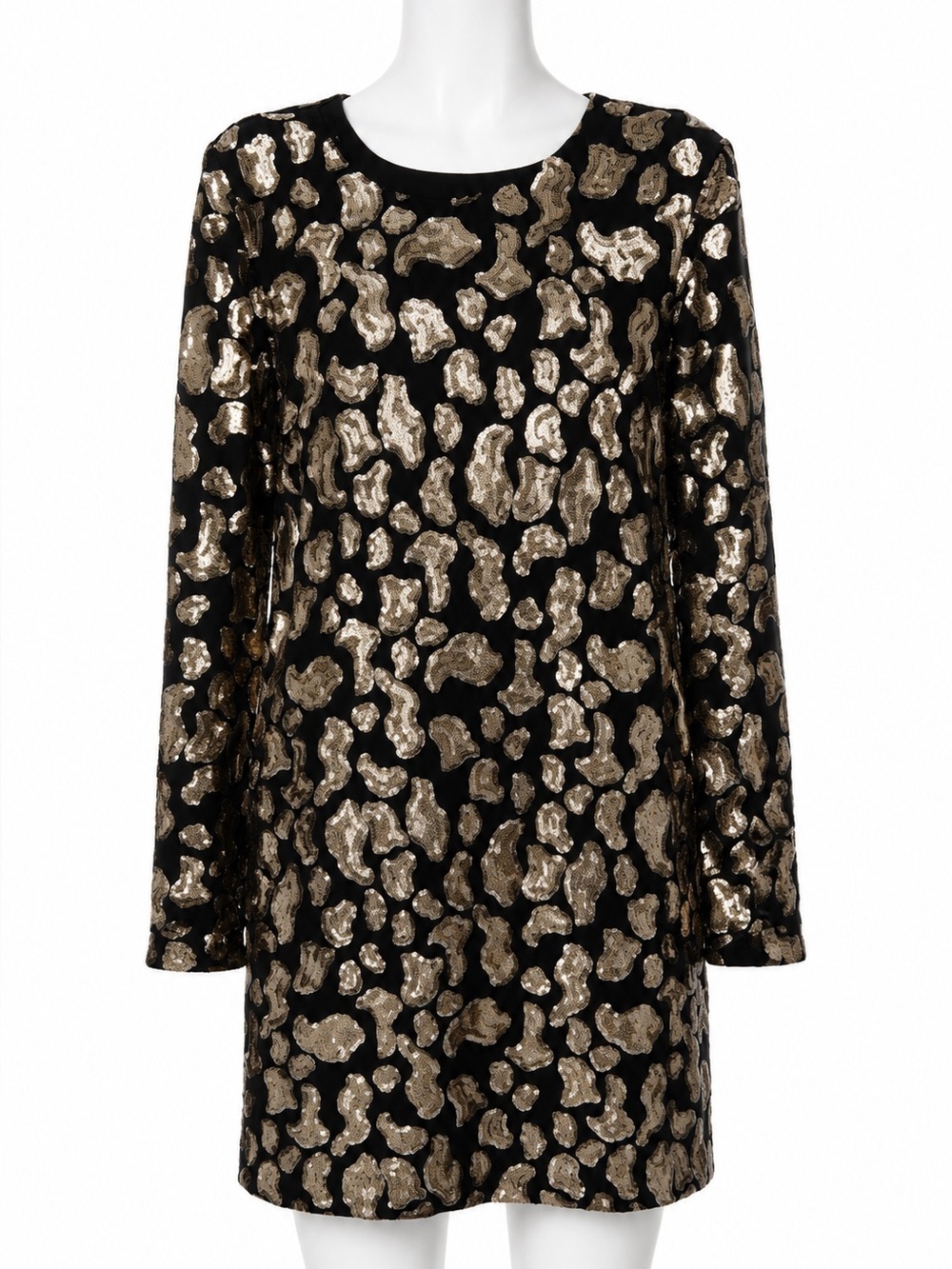 H&M Black velvet Long-Sleeve Shift Dress with Gold Sequin Animal Print. Size-L